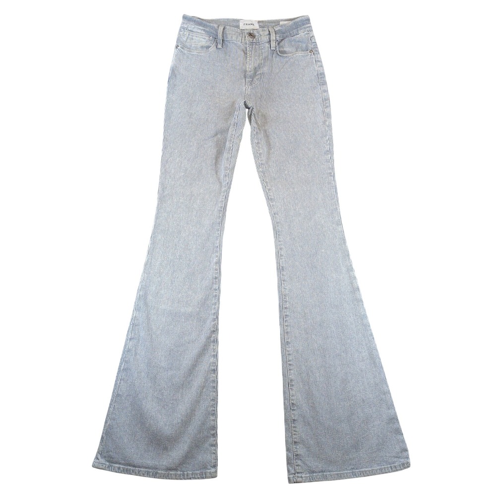 FRAME Le High Flare Jeans Solar Stripe Pinstripe High Rise Blue White 26 LHF178